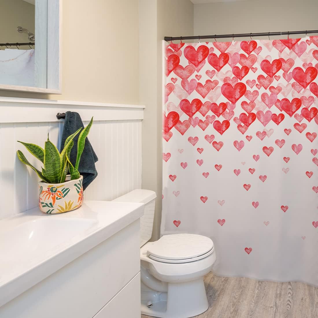 Falling Red Love Hearts Valentine's Day Shower Curtain for Romantic Bathroom Decors