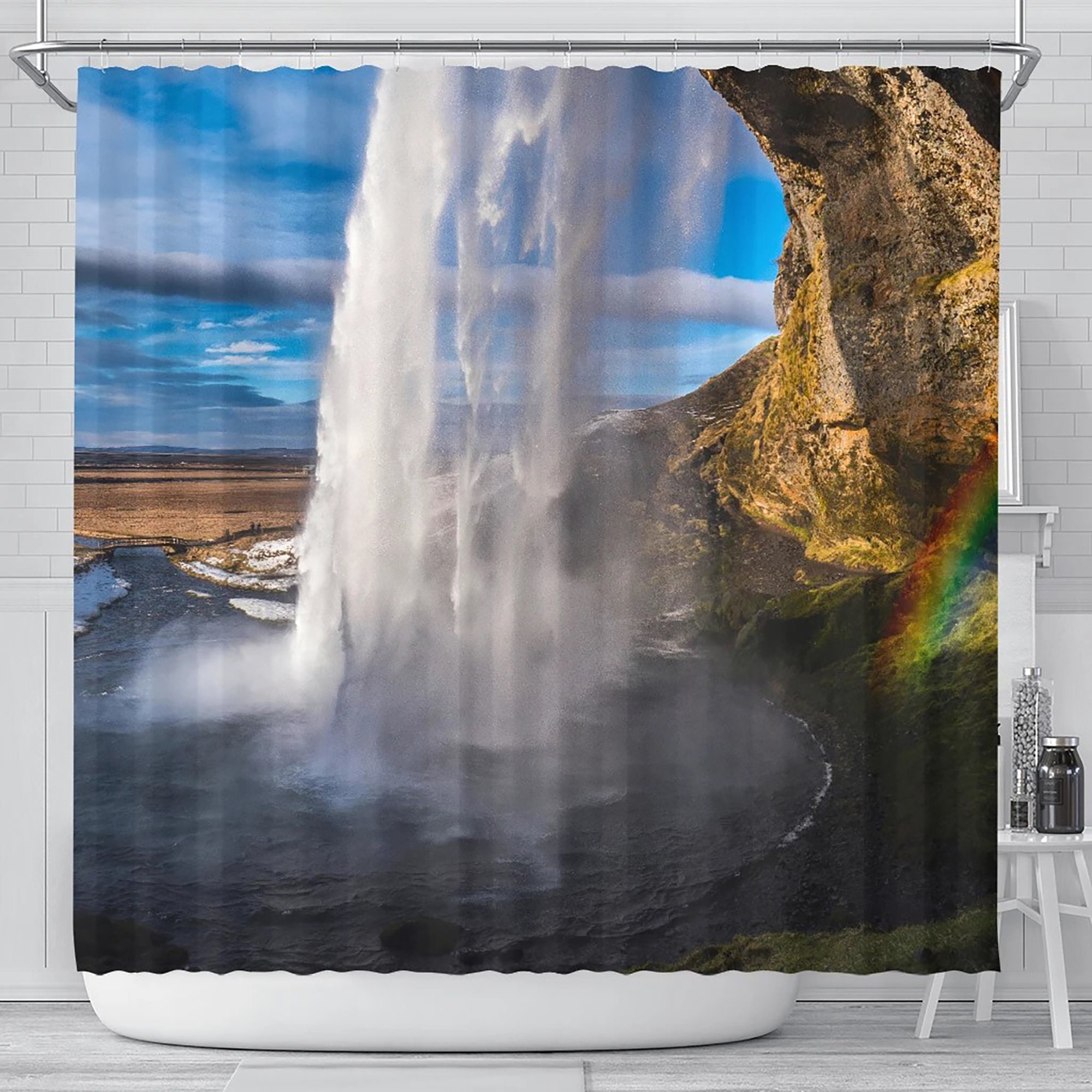 Falls Rock Shower Curtain With Rainbow Waterfall Design - Add An Aesthetic Touch To Your Bathroom