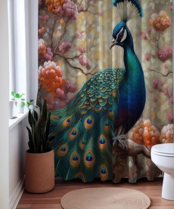 Fanciful Feathers Peacock Botanical Bird Floral Shower Curtain, Colorful Bathroom Decor