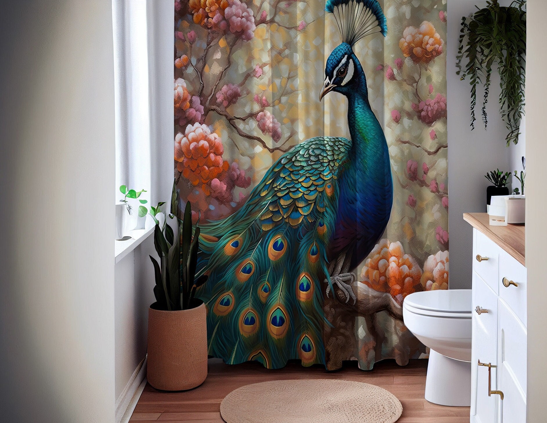 Fanciful Feathers Peacock Botanical Bird Floral Shower Curtain, Colorful Bathroom Decor