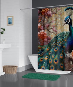 Fanciful Feathers Peacock Botanical Bird Floral Shower Curtain, Colorful Bathroom Decor