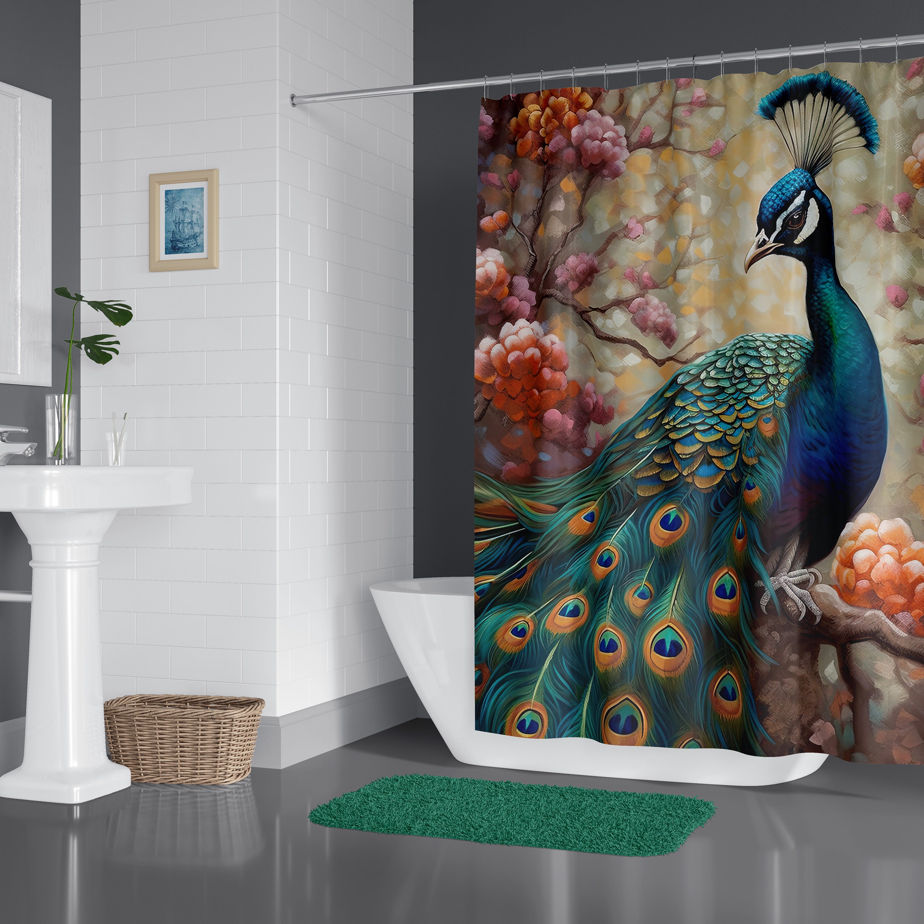 Fanciful Feathers Peacock Botanical Bird Floral Shower Curtain, Colorful Bathroom Decor