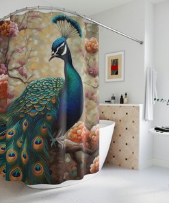 Fanciful Feathers Peacock Botanical Bird Floral Shower Curtain, Colorful Bathroom Decor