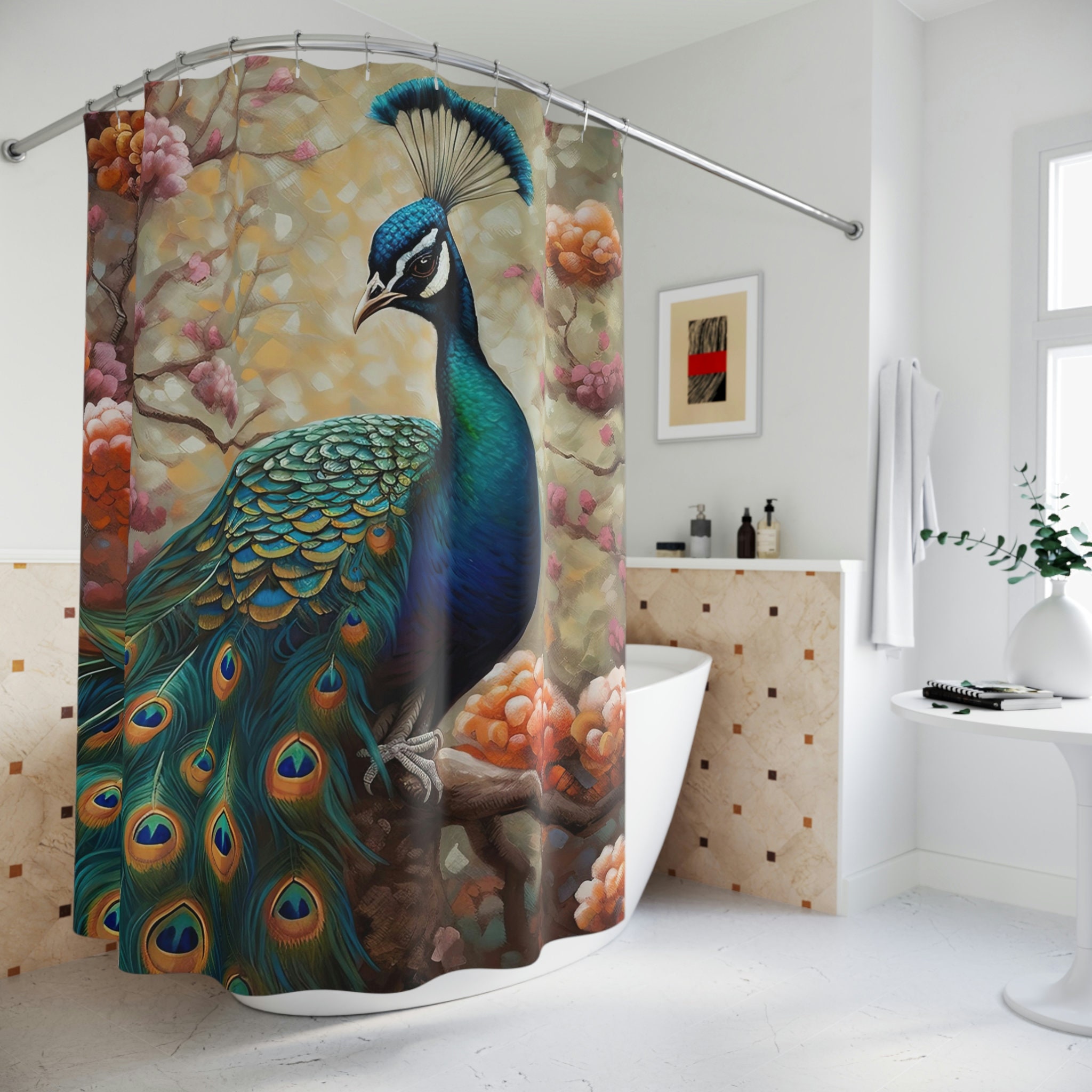 Fanciful Feathers Peacock Botanical Bird Floral Shower Curtain, Colorful Bathroom Decor