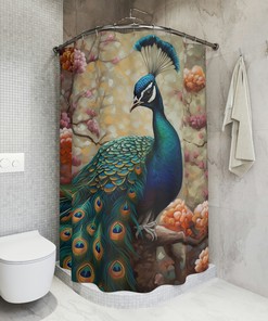 Fanciful Feathers Peacock Botanical Bird Floral Shower Curtain, Colorful Bathroom Decor