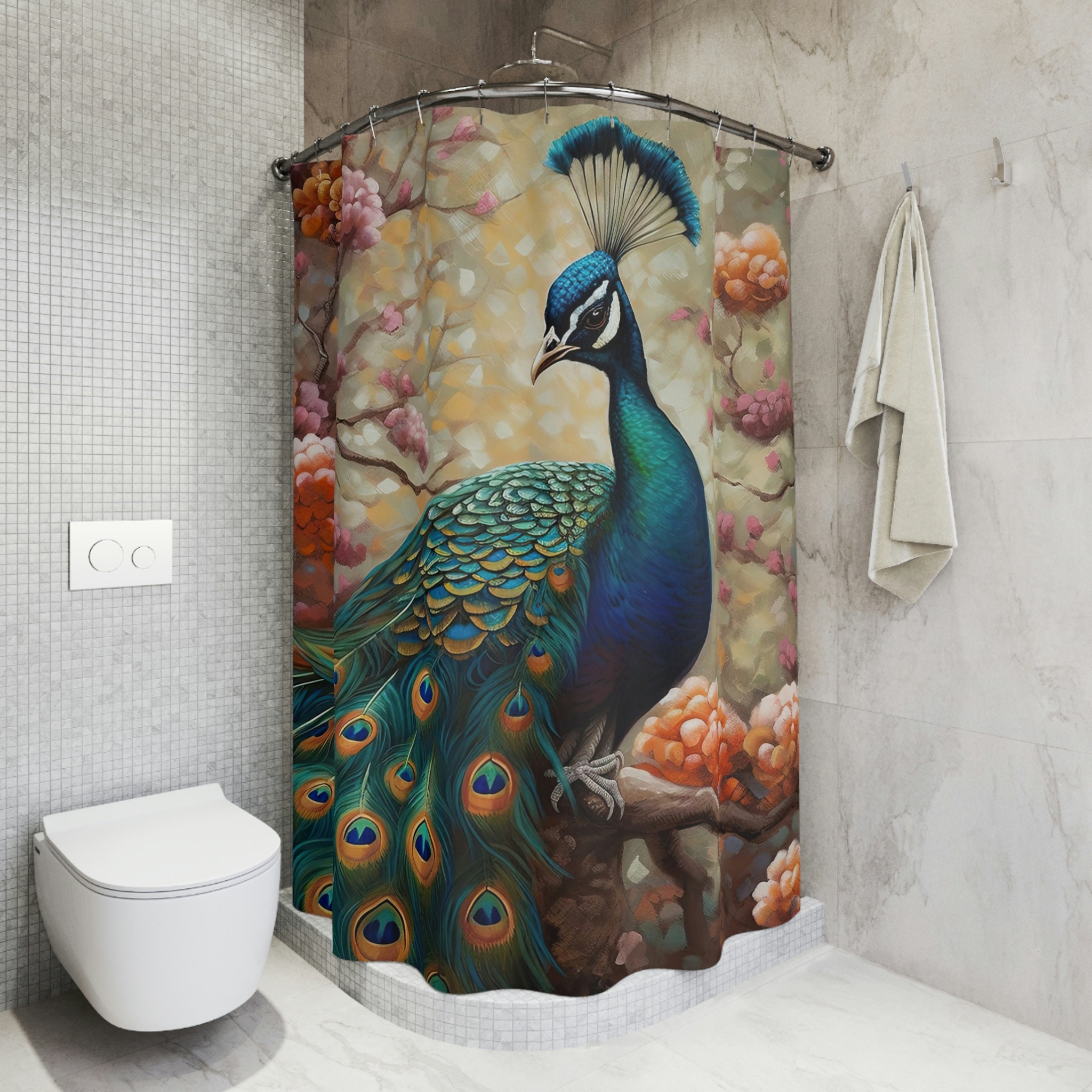Fanciful Feathers Peacock Botanical Bird Floral Shower Curtain, Colorful Bathroom Decor