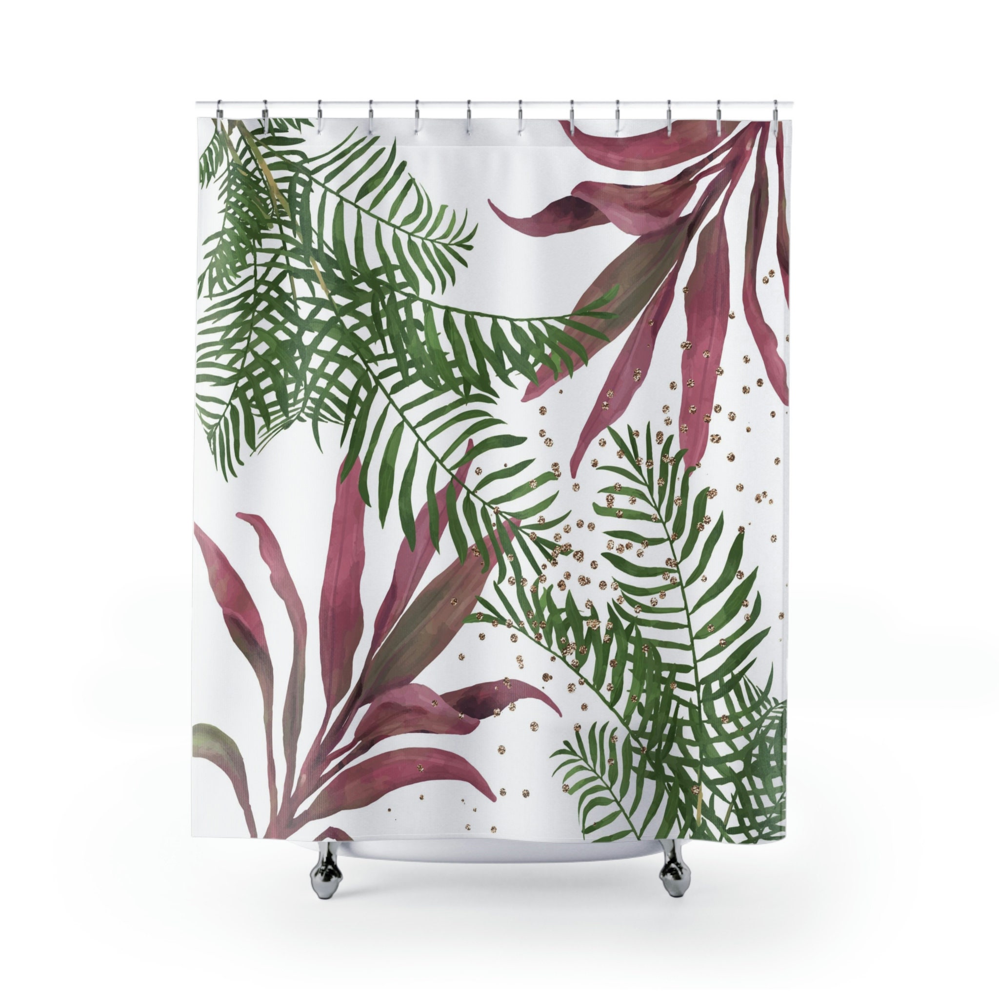 Fancy Stylish Boho Shower Curtain With White Sage Green Palm Leaves And Tropical Jungle Print
