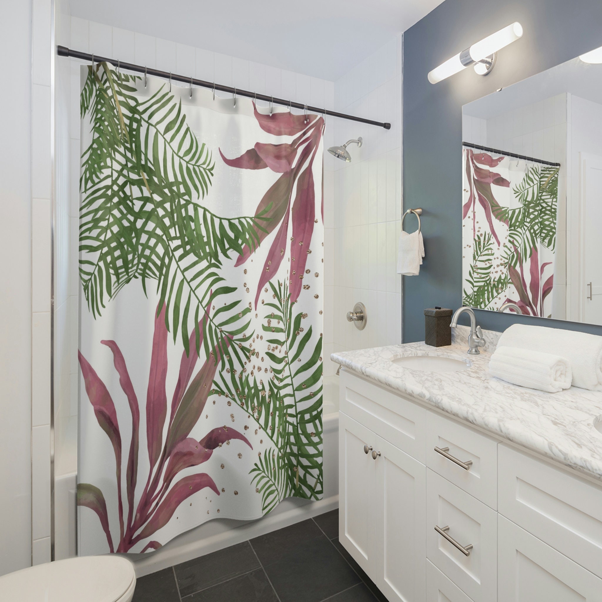 Fancy Stylish Boho Shower Curtain With White Sage Green Palm Leaves And Tropical Jungle Print - Image 2