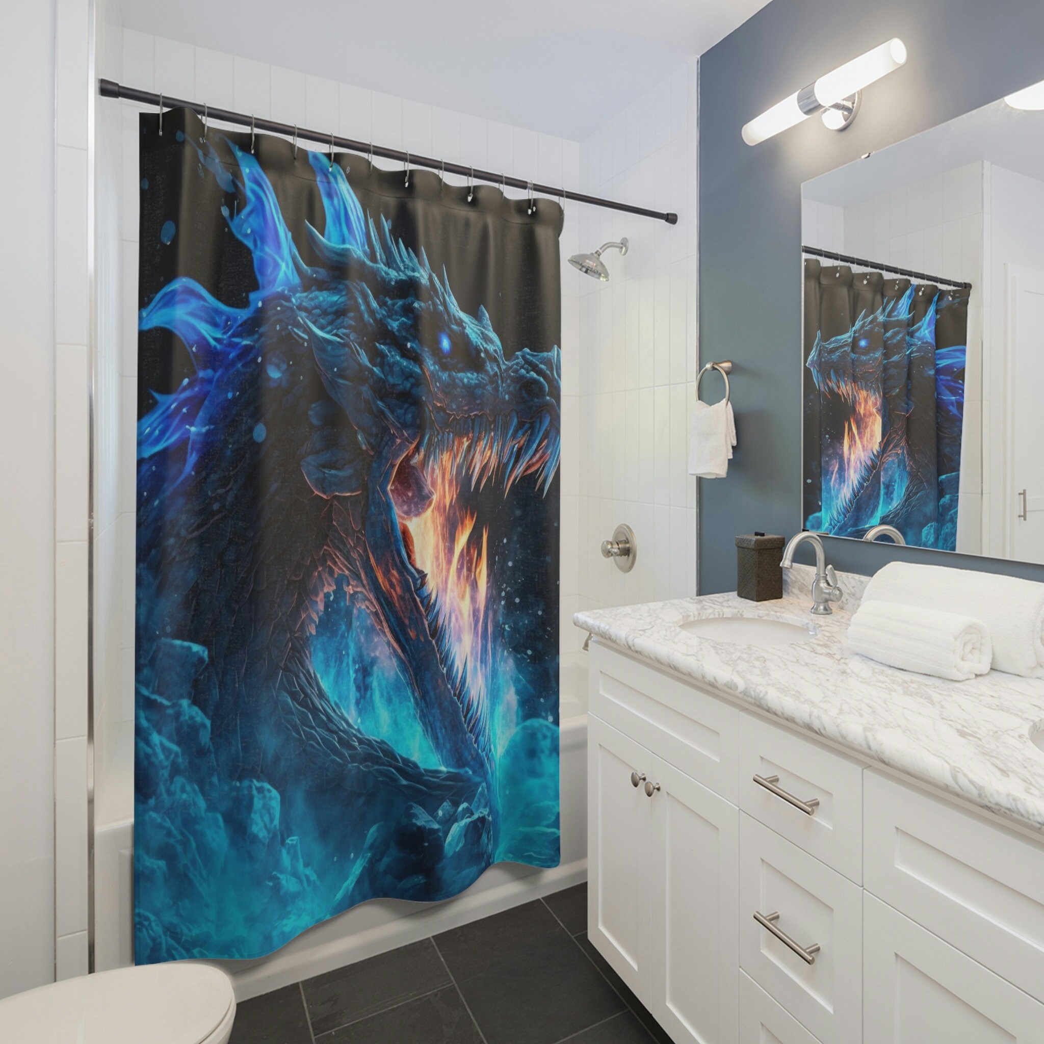 Fantastical Ice Dragon 2 Shower CurtainMythical Bathroom Decor