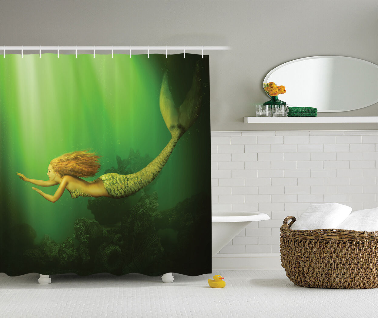 Fantasy Artwork Mermaid with Fish Tail Print Shower Curtain for Bathroom Decor