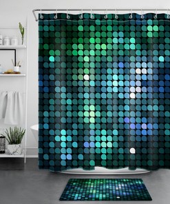 Fantasy Blue and Green Geometric Pattern Shower Curtain for a Playful and Whimsical Atmosphere