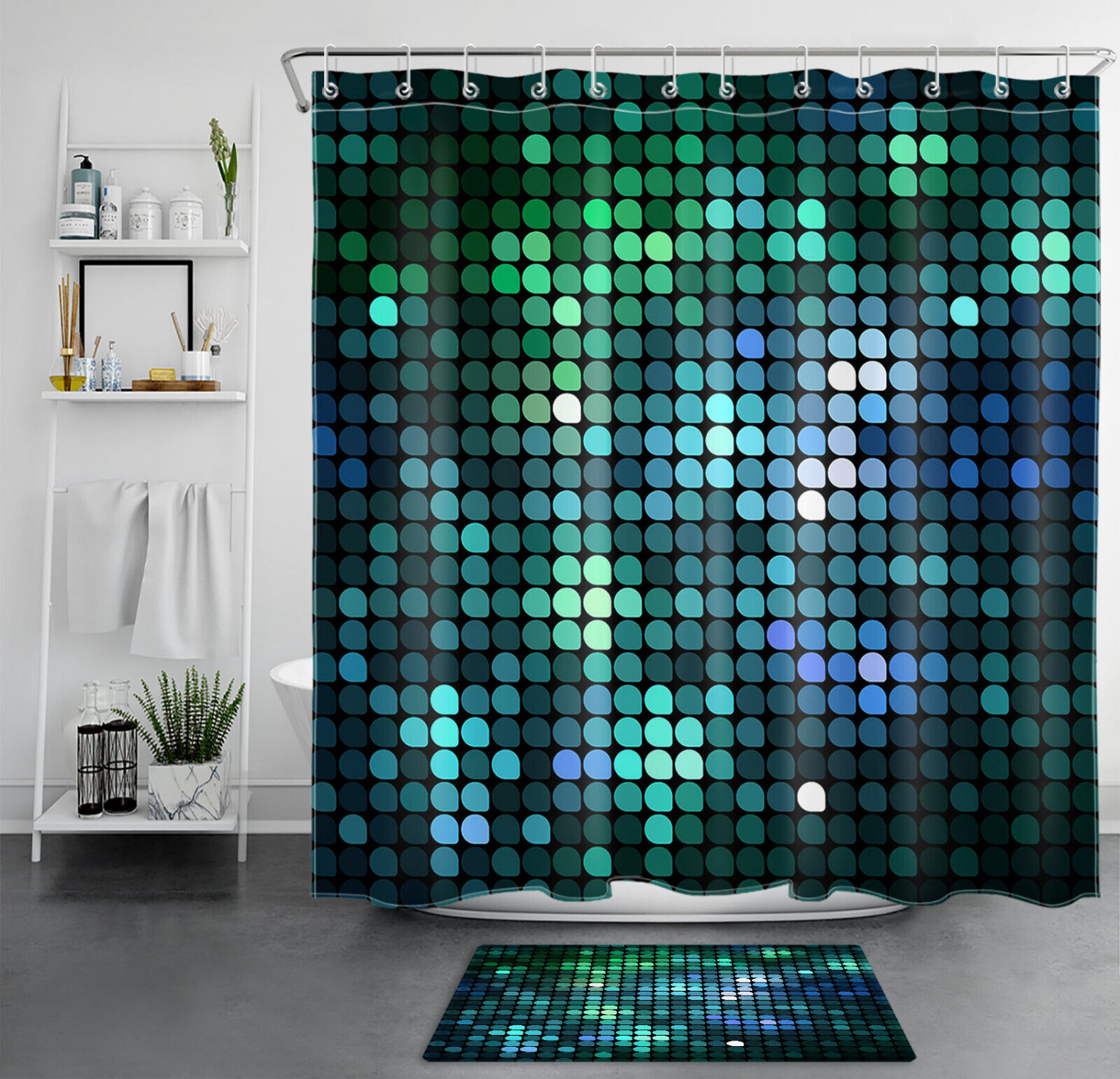 Fantasy Blue and Green Geometric Pattern Shower Curtain for a Playful and Whimsical Atmosphere