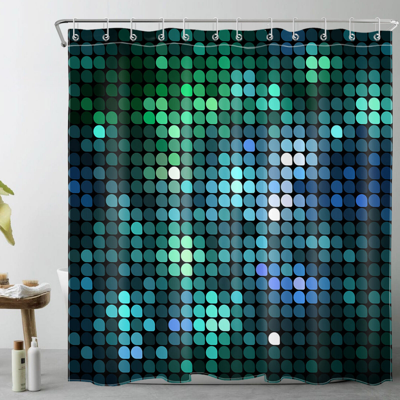Fantasy Blue and Green Geometric Pattern Shower Curtain for a Playful and Whimsical Atmosphere