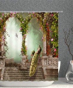 Fantasy Garden Arched Door Colorful Flowers Peacock Print Shower Curtain Fabric Bathroom Waterproof Decor