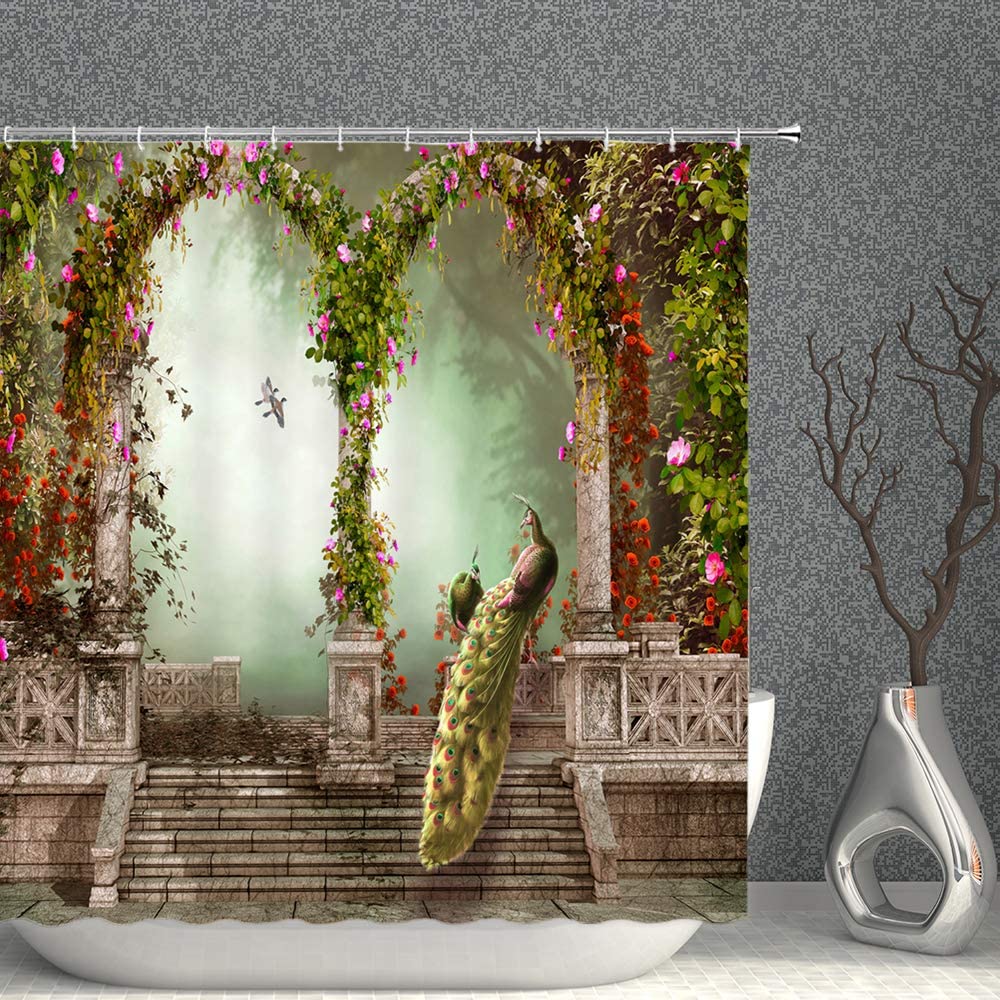 Fantasy Garden Arched Door Colorful Flowers Peacock Print Shower Curtain Fabric Bathroom Waterproof Decor