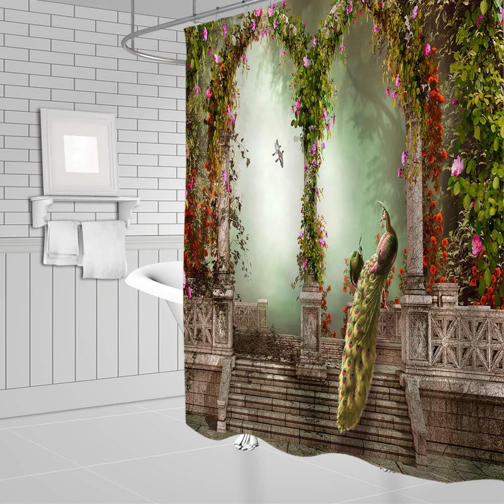Fantasy Garden Arched Door Colorful Flowers Peacock Print Shower Curtain Fabric Bathroom Waterproof Decor - Image 2