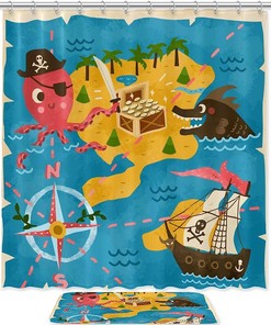 Fantasy Inspired Cartoon Retro Octopus Pirate Adventure Map Waterproof Shower Curtain For Bathroom Decor
