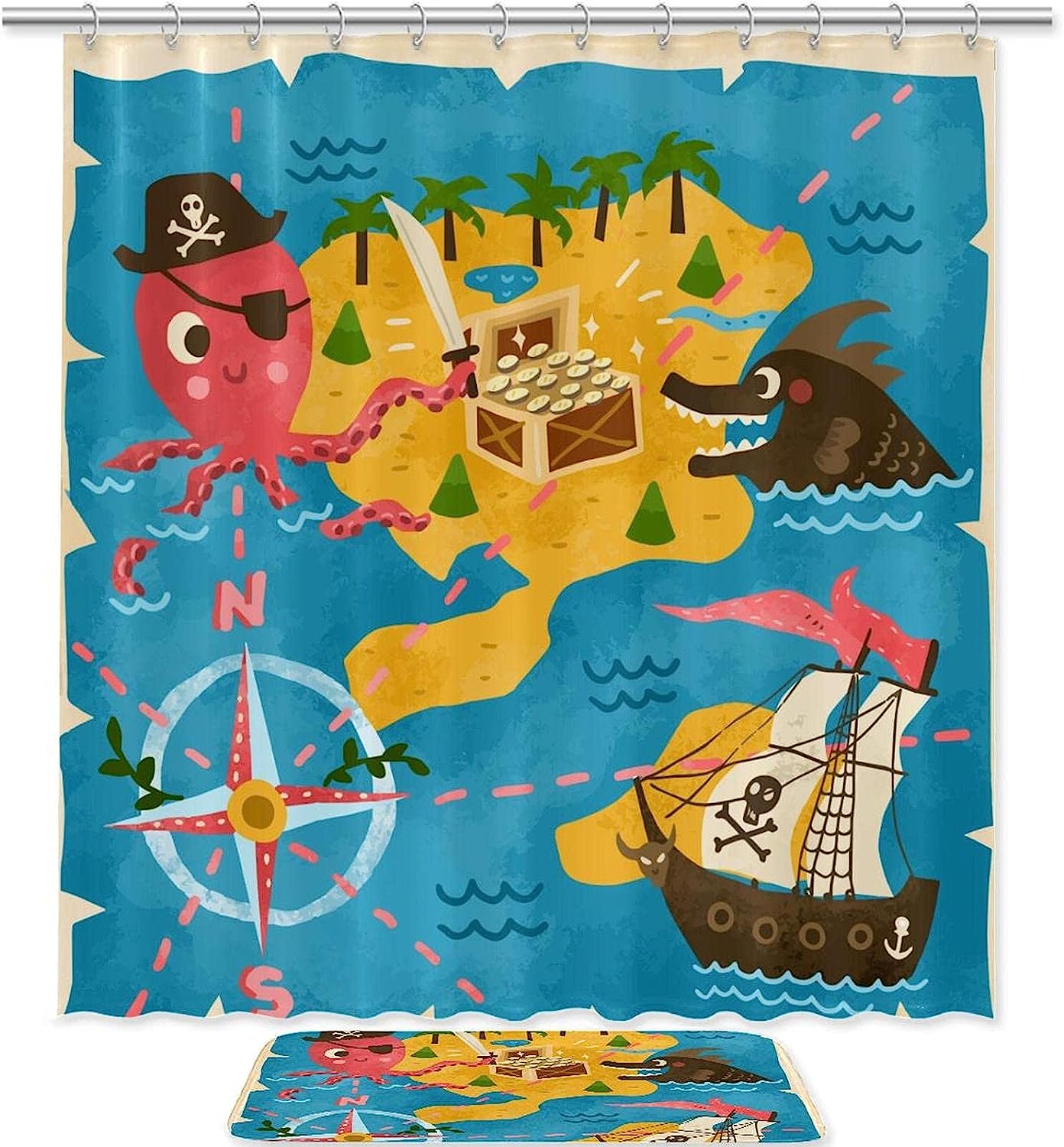 Fantasy Inspired Cartoon Retro Octopus Pirate Adventure Map Waterproof Shower Curtain For Bathroom Decor