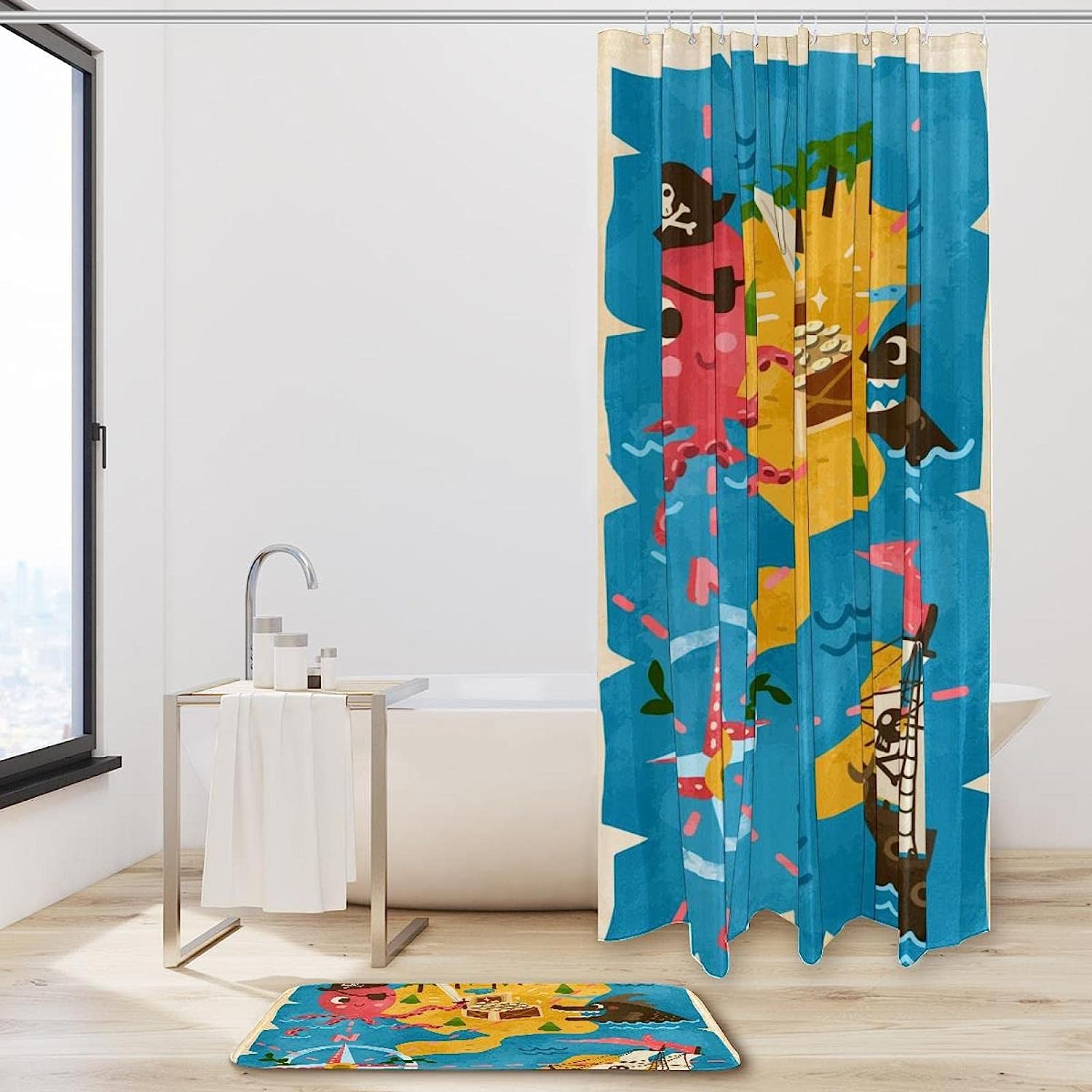Fantasy Inspired Cartoon Retro Octopus Pirate Adventure Map Waterproof Shower Curtain For Bathroom Decor - Image 2
