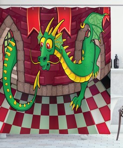 Fantasy Inspired Cartoon Shower Curtain With Castle And Dragon Print For Bathroom Decor