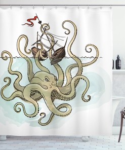 Fantasy Inspired Cartoon Shower Curtain With Pirate Ship Greek Myth Print For Bathroom Decor