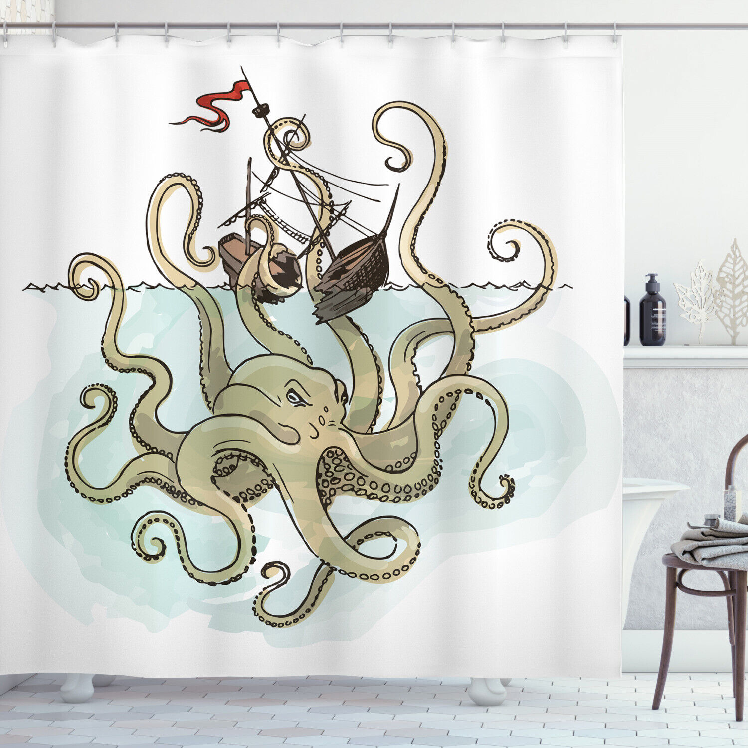 Fantasy Inspired Cartoon Shower Curtain With Pirate Ship Greek Myth Print For Bathroom Decor