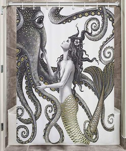 Fantasy Mermaid Octopus Shower Curtain - Abstract Ocean Nautical Design 