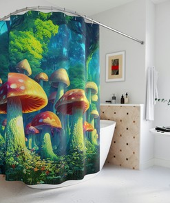 Fantasy Mushroom Forest Shower Curtain - Psychedelic and Surrealist Bathroom Decor