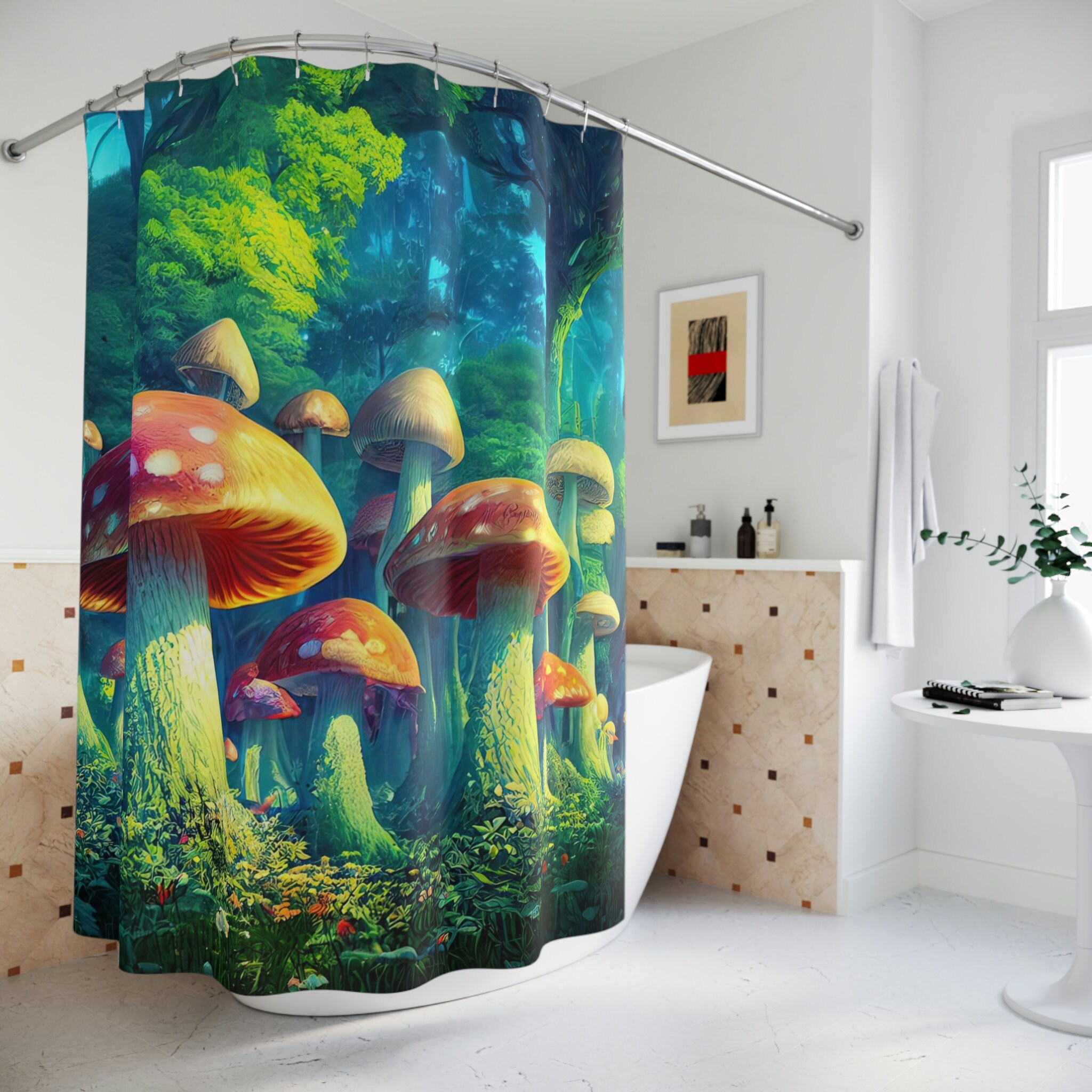 Fantasy Mushroom Forest Shower Curtain - Psychedelic and Surrealist Bathroom Decor