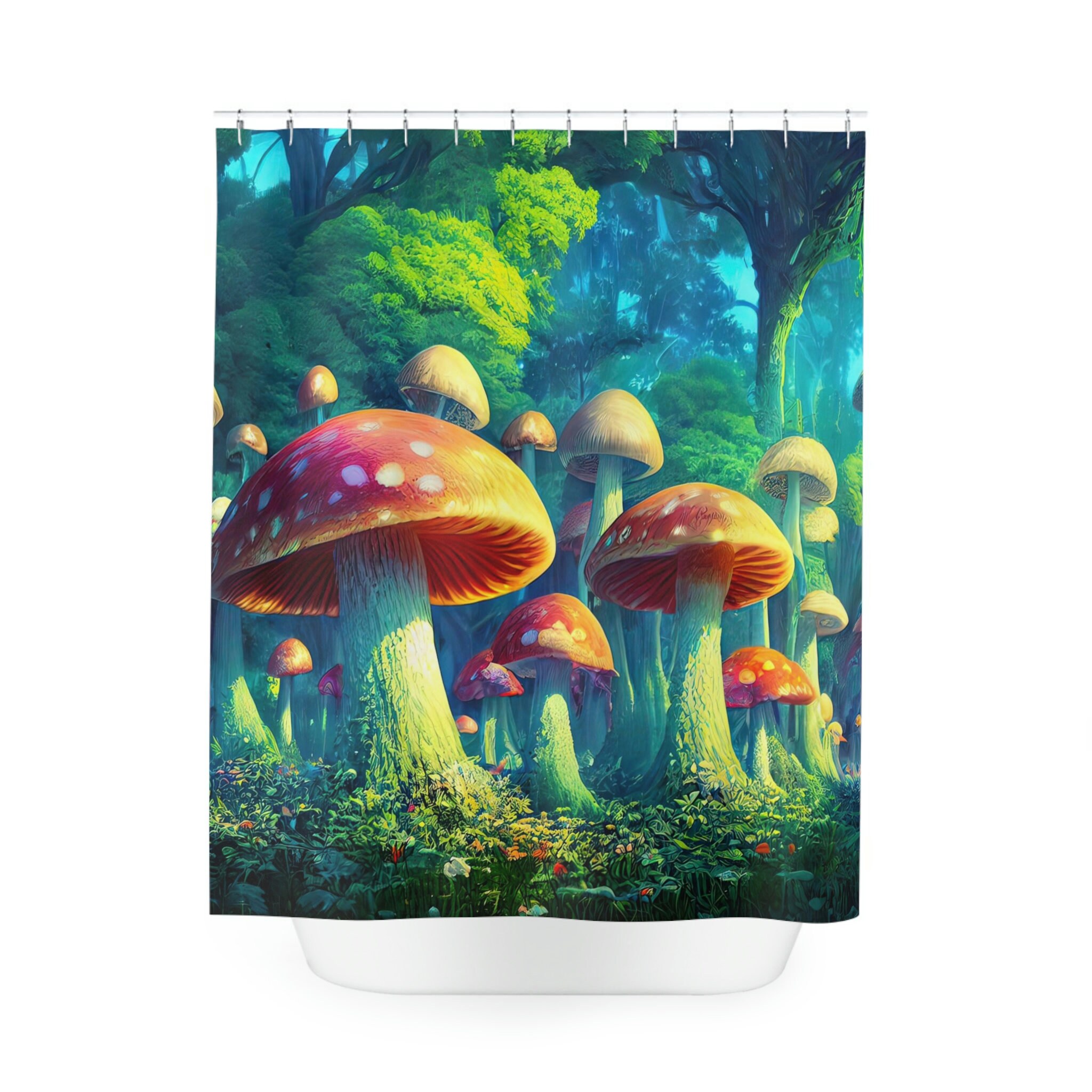 Fantasy Mushroom Forest Shower Curtain - Psychedelic and Surrealist Bathroom Decor