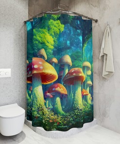 Fantasy Mushroom Forest Shower Curtain - Psychedelic and Surrealist Bathroom Decor