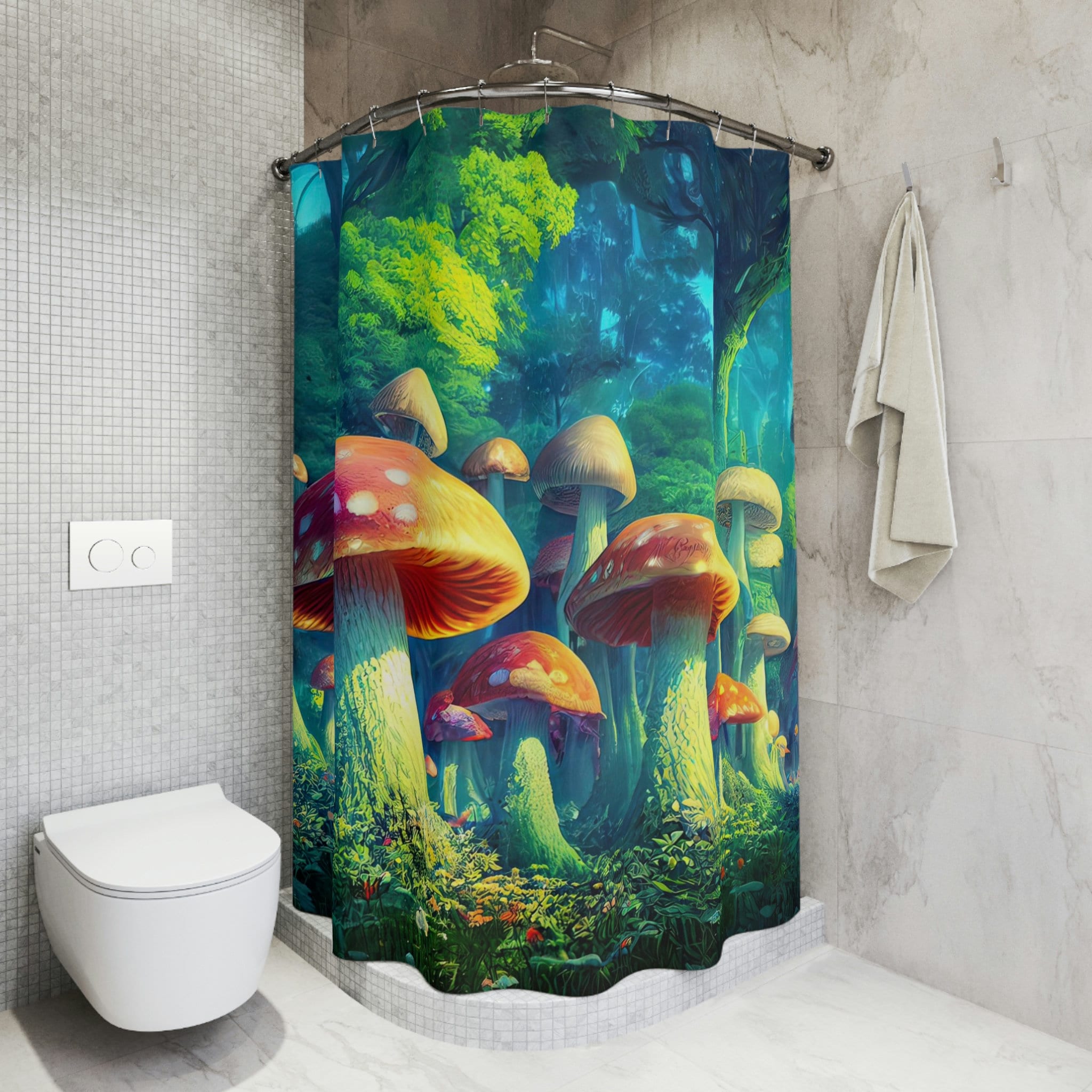 Fantasy Mushroom Forest Shower Curtain - Psychedelic and Surrealist Bathroom Decor