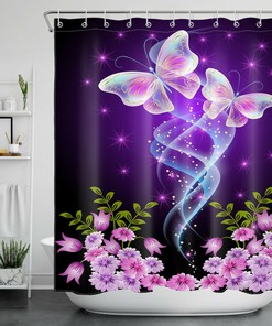 Fantasy Purple Flowers On This Floral Butterfly Shower Curtain For A Dreamy Bath