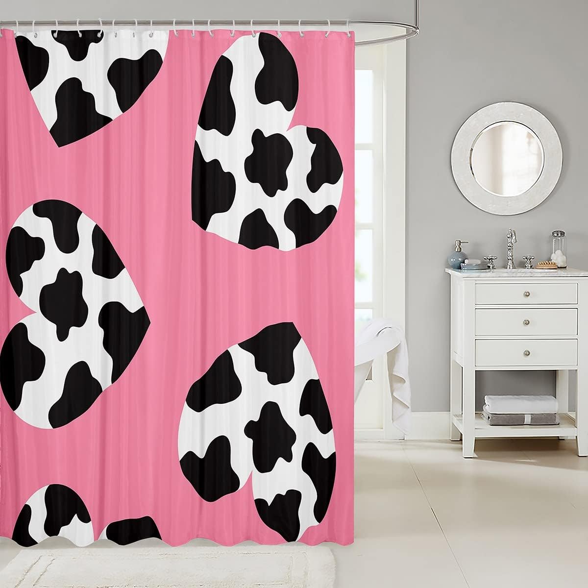 Farm Animal Print Black White Cow Hearts Shower Curtain for Cute Bathroom Decor
