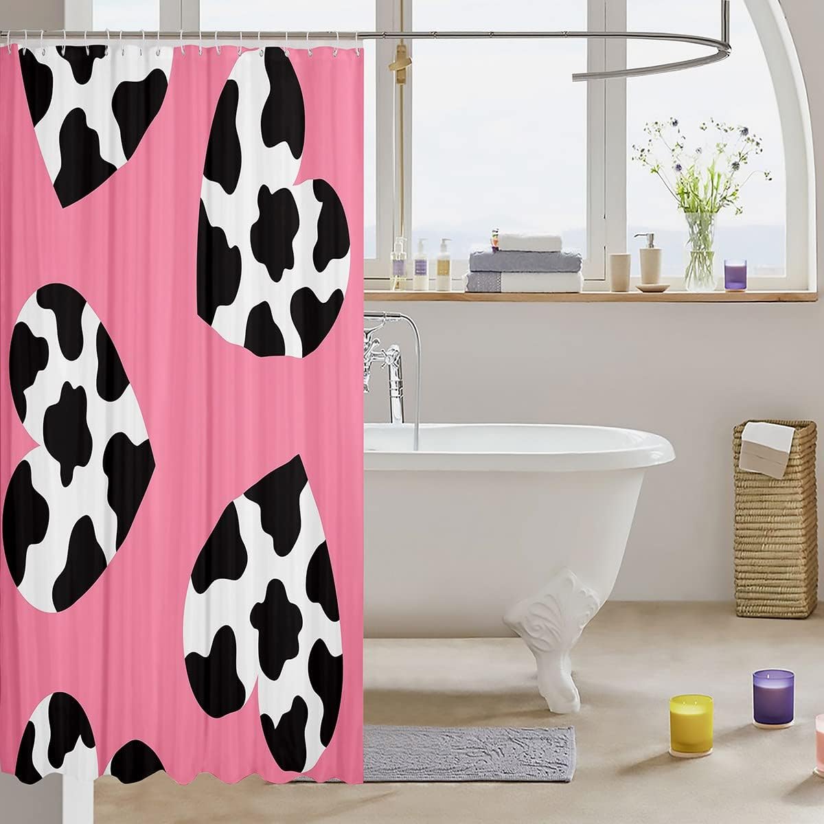 Farm Animal Print Black White Cow Hearts Shower Curtain for Cute Bathroom Decor