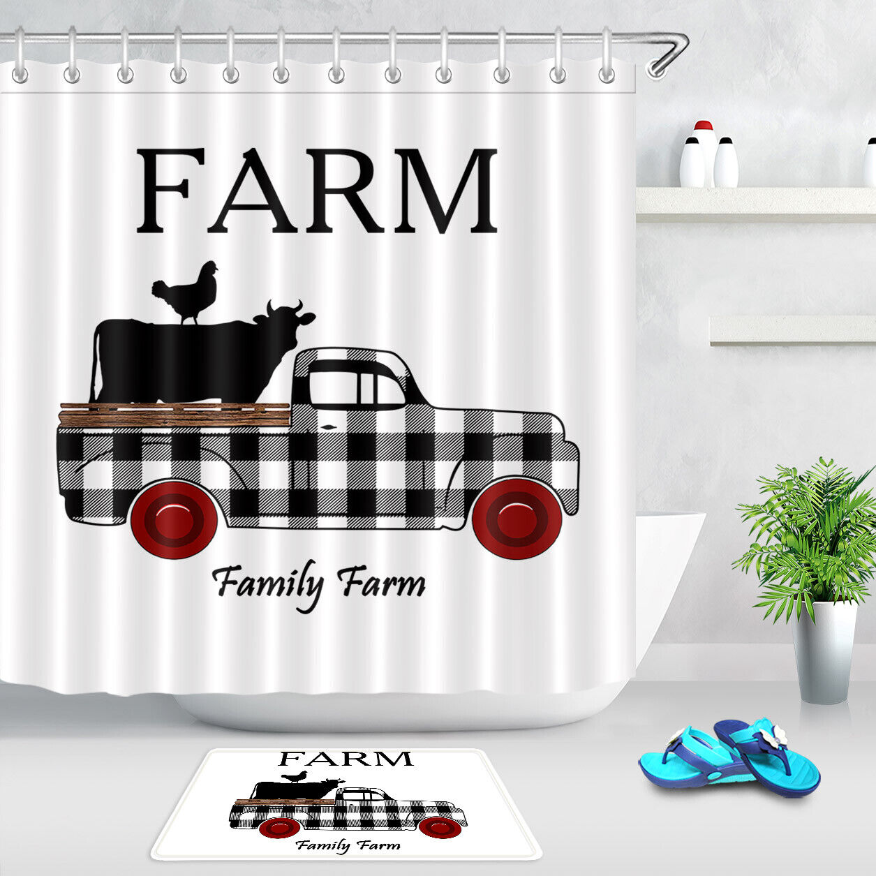 Farm Animal Retro Truck Vintage Shower Curtain For Farmhouse Bathroom Decor