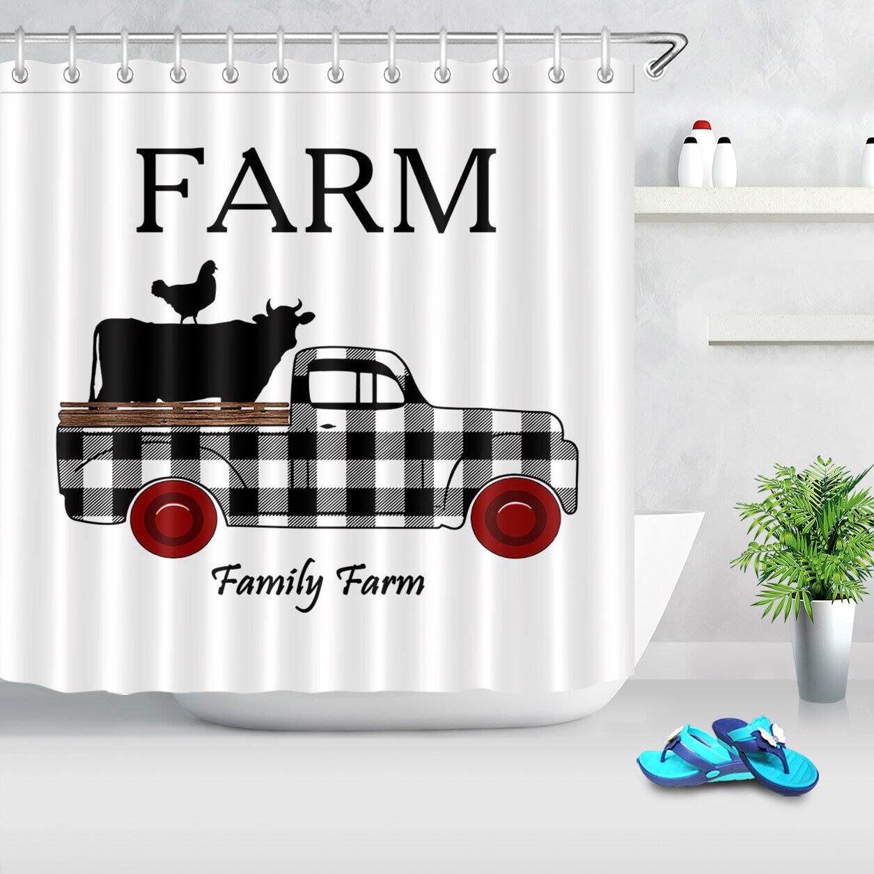 Farm Animal Retro Truck Vintage Shower Curtain For Farmhouse Bathroom Decor - Image 2