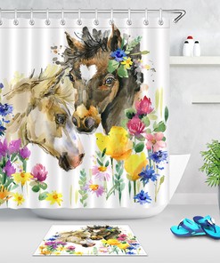 Farm Animal Watercolor Foal Little Horse Fabric Shower Curtain