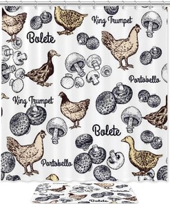 Farm Animals And Mushrooms Print Shower Curtain - Playful And Rustic Bathroom Accessory