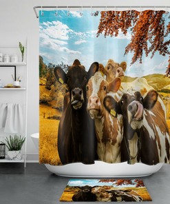 Farm Animals In Autumn Shower Curtain - Funny Cow Bathroom Decor For Fall Season