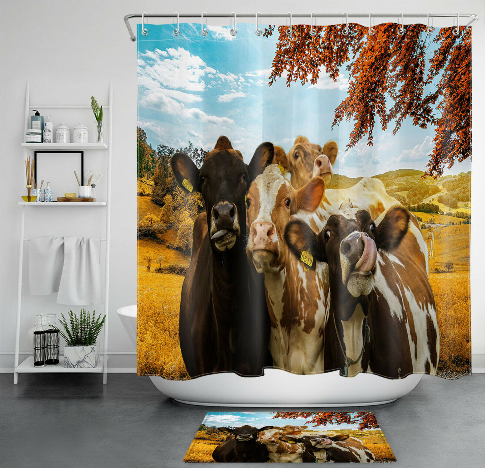 Farm Animals In Autumn Shower Curtain - Funny Cow Bathroom Decor For Fall Season