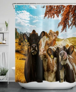 Farm Animals In Autumn Shower Curtain - Funny Cow Bathroom Decor For Fall Season