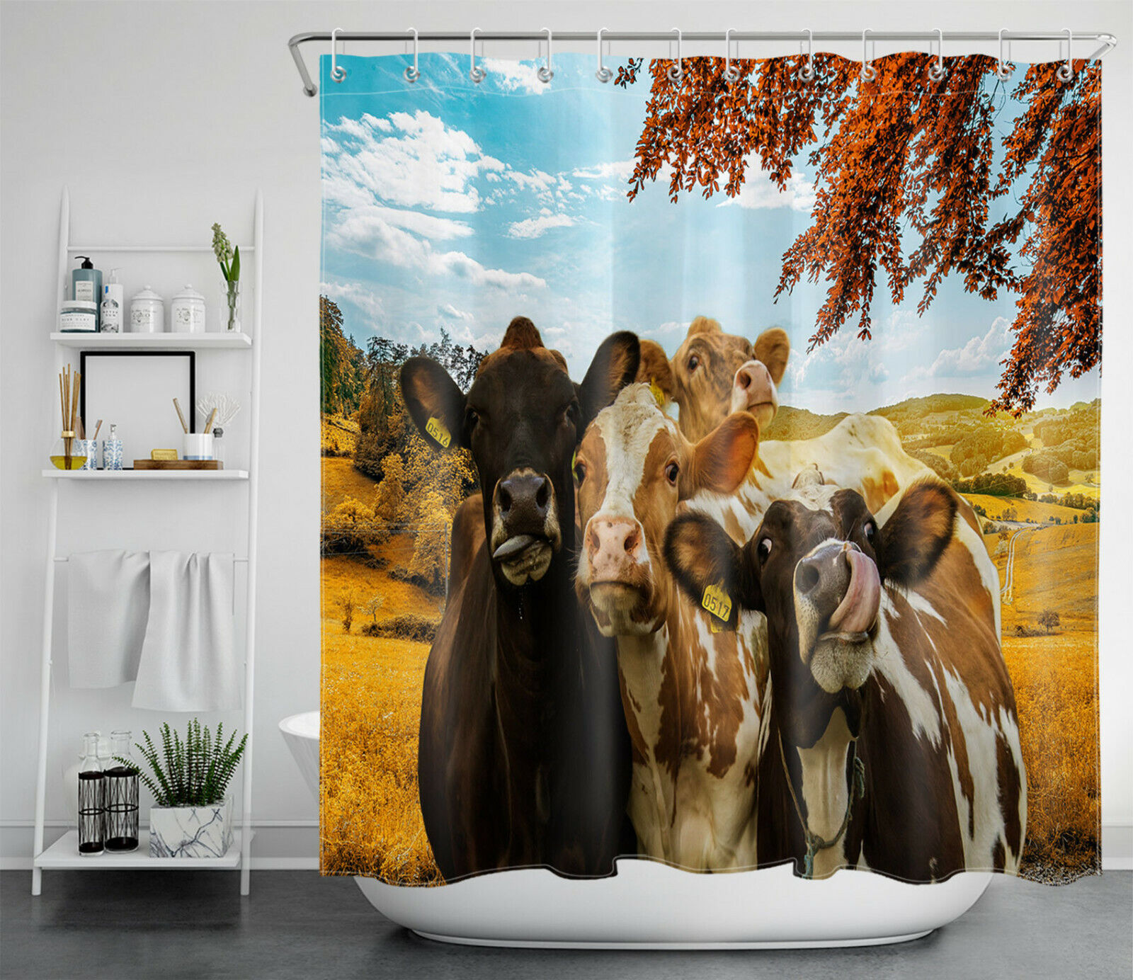 Farm Animals In Autumn Shower Curtain - Funny Cow Bathroom Decor For Fall Season