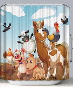 Farm Animals Kids Shower Curtain With Horse, Sheep, Pig, And Barnyard Print
