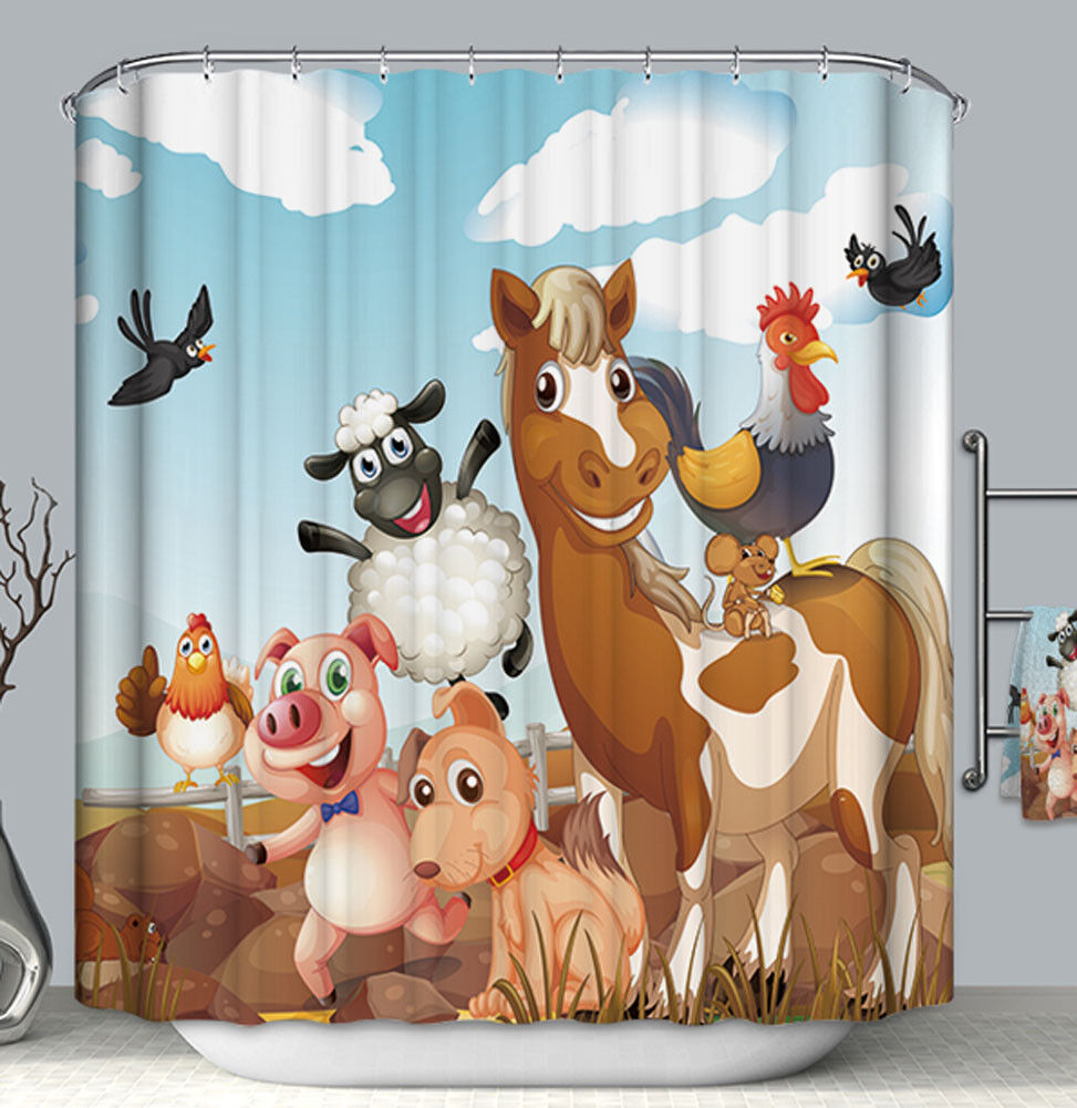 Farm Animals Kids Shower Curtain With Horse, Sheep, Pig, And Barnyard Print