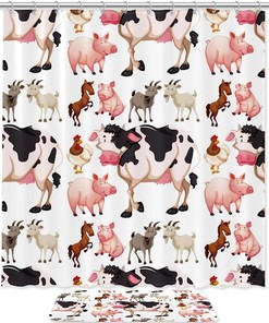 Farm Animals Rooster Cow Pig Sheep Horse Shower Curtain Waterproof 