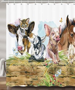 Farm Animals Shower Curtain - Waterproof Fabric With Cow Horse Pig Sheep Farm Prints For A Farmhouse Bathroom Decor