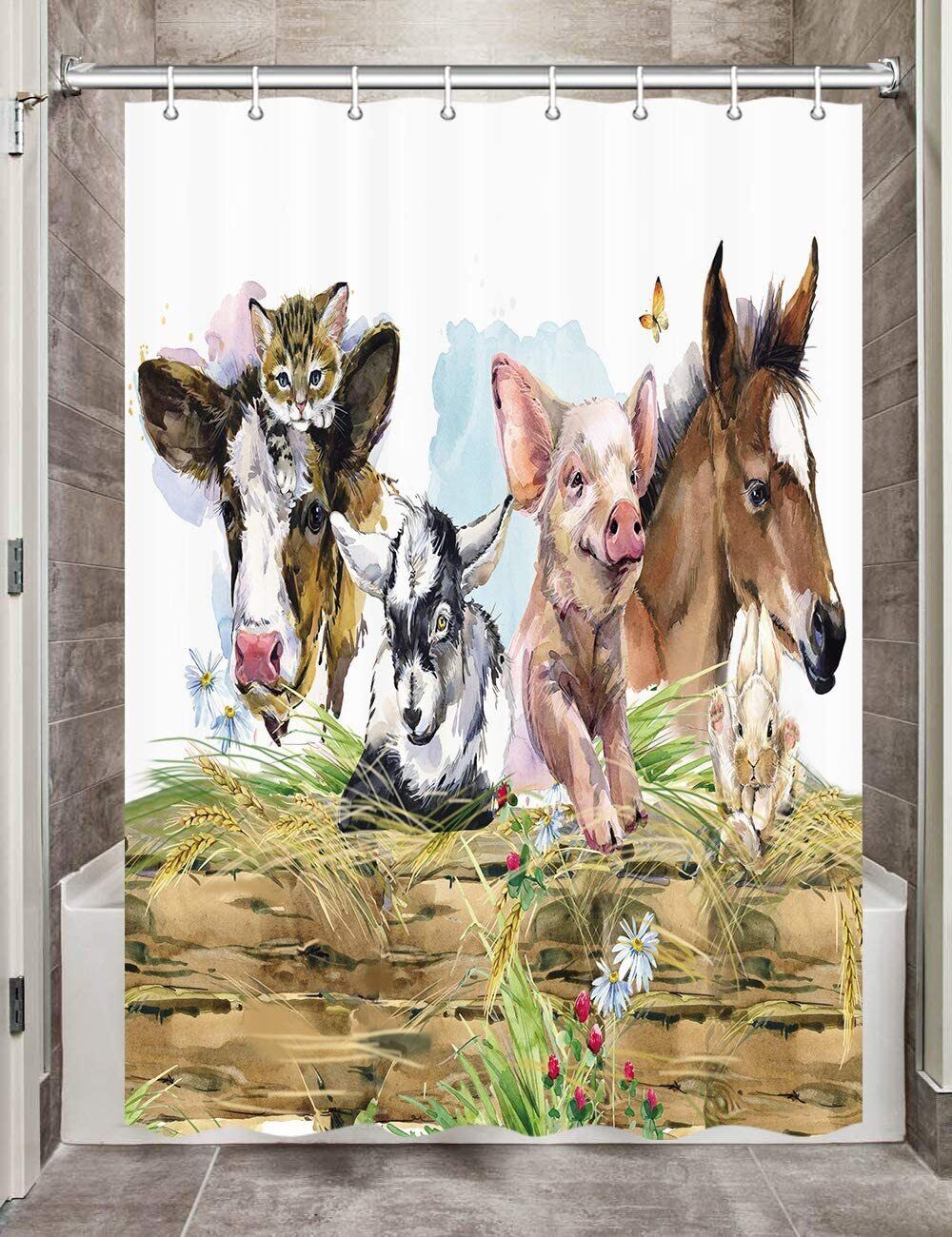 Farm Animals Shower Curtain - Waterproof Fabric With Cow Horse Pig Sheep Farm Prints For A Farmhouse Bathroom Decor - Image 2