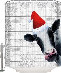 Farm Cow Shower Curtain | Christmas Dairy Animal Snowflake Bathroom Decor