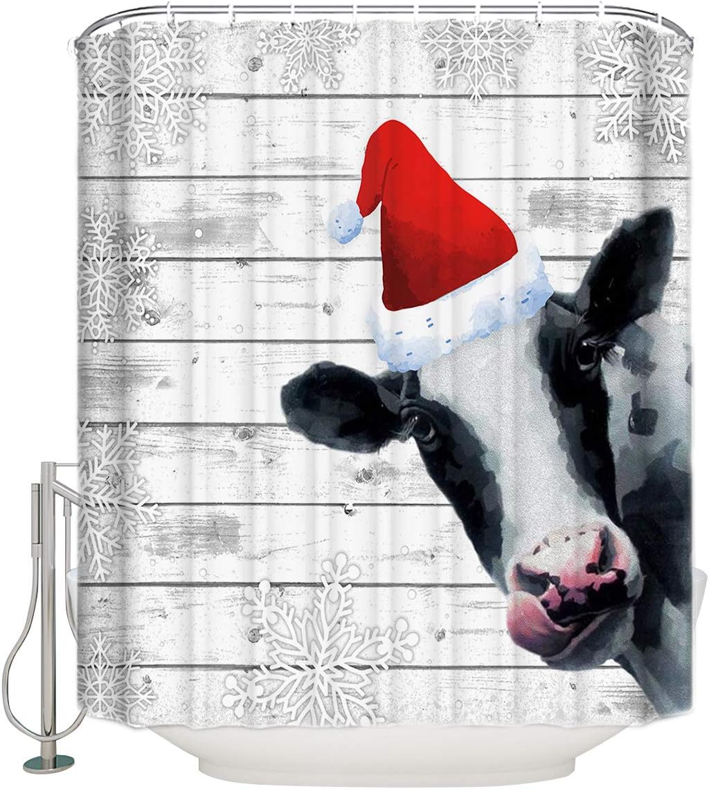 Farm Cow Shower Curtain | Christmas Dairy Animal Snowflake Bathroom Decor